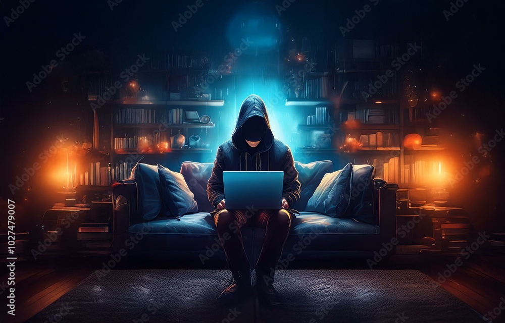 Poster a hooded figure sits on a couch in a dark room, illuminated by a glowing light. they are using a lap