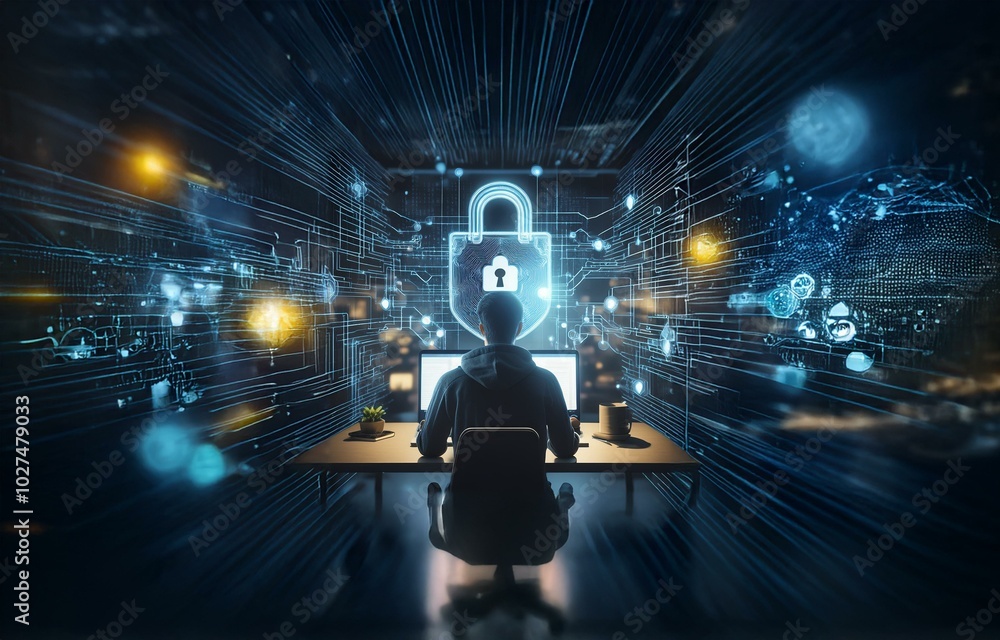 Leinwandbilder a hooded figure sits at a desk with two computer monitors in front of them, with a glowing padlock i