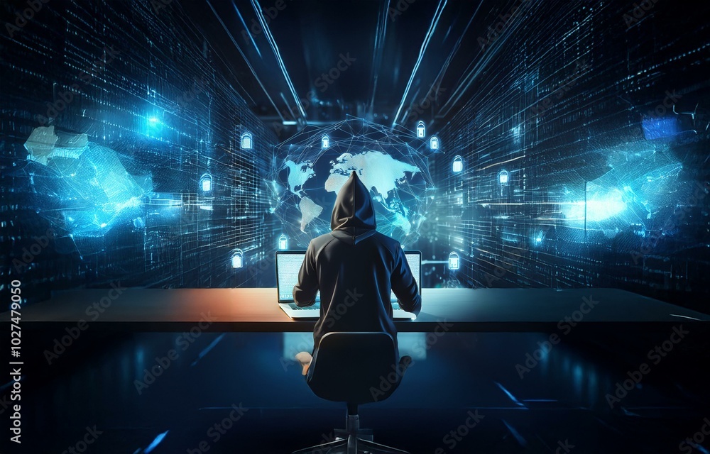 Poster a hooded figure sits at a desk in front of two laptops, working in a dark room with a glowing blue d