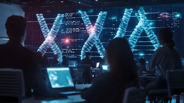 Futuristic Classroom with Holographic DNA Models and Interactive Gene Editing Simulations for Genetic Engineering Learning