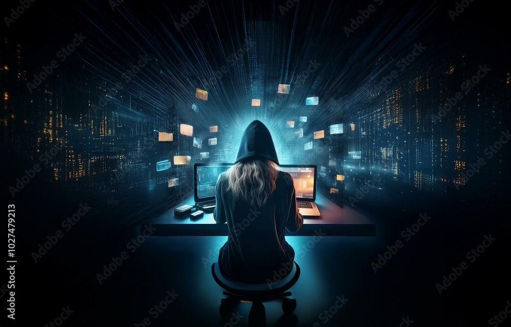 Poster a hooded figure sits in front of a computer in a dimly lit room, surrounded by glowing abstract shap