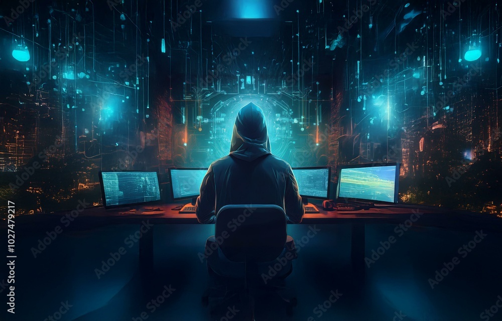 Poster a hooded figure sits in a dark room in front of multiple computer screens with glowing digital lines