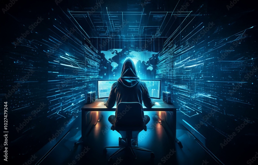 Poster a hooded figure sits in a dark room illuminated by blue light, staring at multiple computer monitors