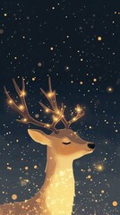 Fototapeta premium A magical deer with glowing antlers stands against a dark blue starry background.
