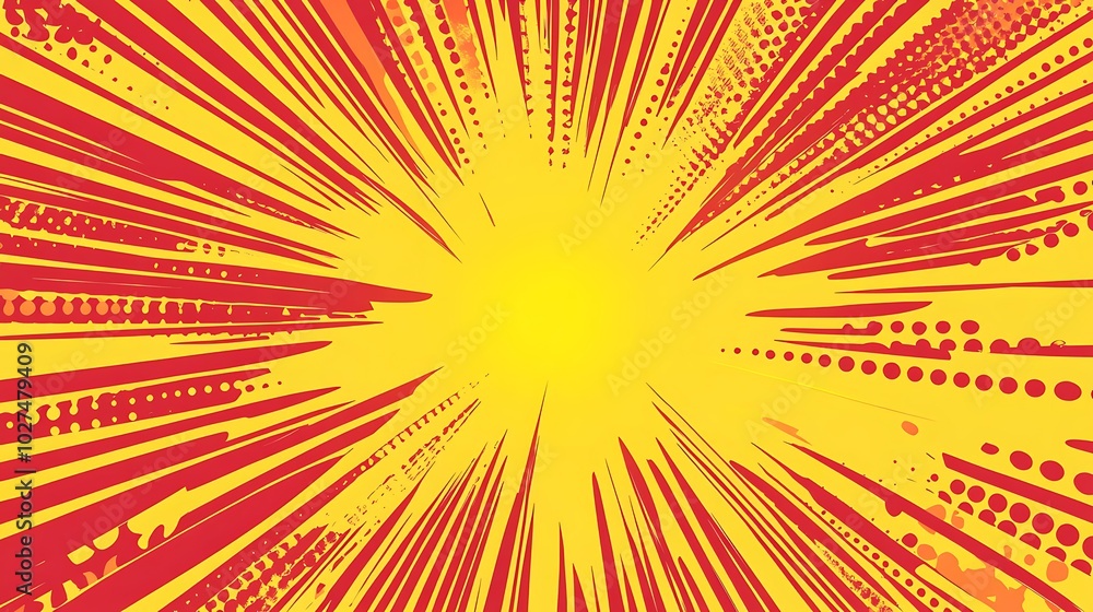 Aufkleber abstract comic book style background with red lines radiating from a yellow center and halftone dots