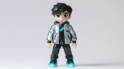 3D Cartoon Character of Young Boy in Silver Jacket.