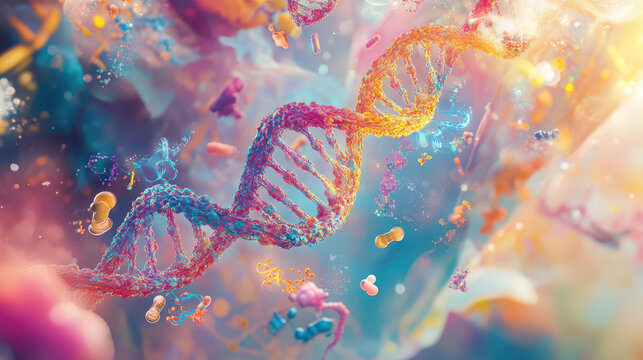 A surreal representation of healthcare innovation, where DNA strands twist and loop into impossible shapes, medical technologies float in midair, and symbols of health are stretched into abstract