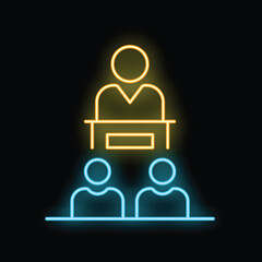 Neon icon of a speaker behind a podium giving a presentation to two people