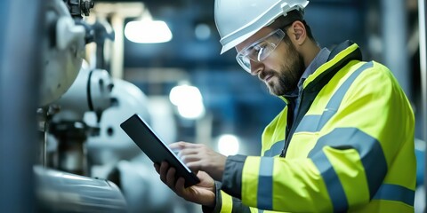 A focused engineer wearing safety gear uses a tablet to inspect complex industrial machinery, exemplifying technology integration and modern engineering practices.