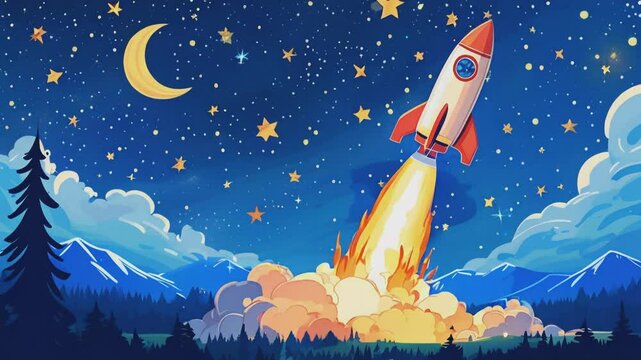 Rocket launch at night with vibrant flames, set against a starry sky and crescent moon, symbolizing space exploration and human ambition.