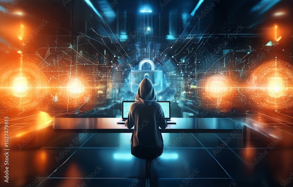 Aufkleber A hooded figure sits at a desk with two laptops in front of them.  A glowing padlock hologram sits in the background, along with abstract orange and blue patterns.
