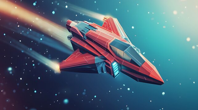 Red spaceship flying through space.
