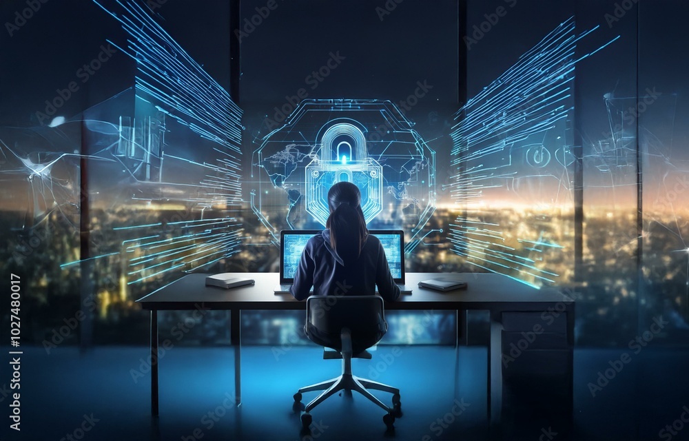 Aufkleber a hooded figure sits at a desk in front of two laptops, overlooking a cityscape. a large blue glowin