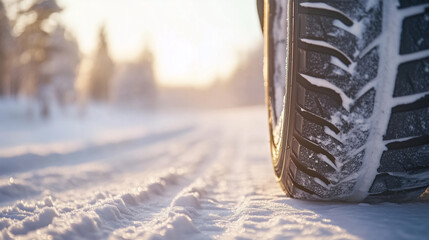 Winter tire on snowy road at sunset
