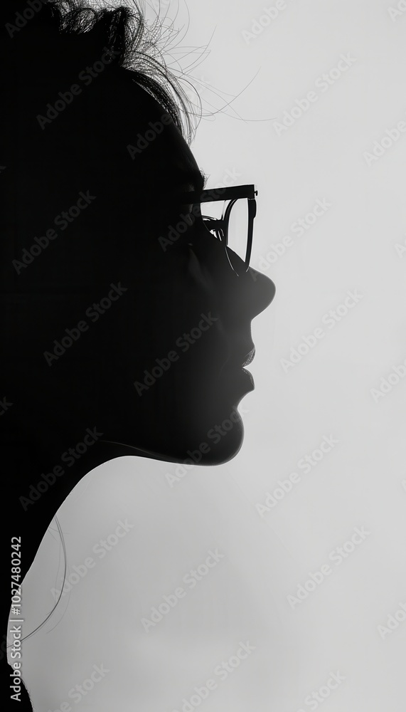 Leinwandbilder A profile silhouette of an individual with eyeglasses is gently illuminated, creating a calm atmosphere in the background. Generative AI