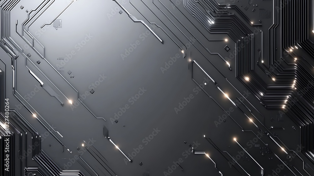 Poster Abstract dark grey background with a circuit board pattern and glowing lights.