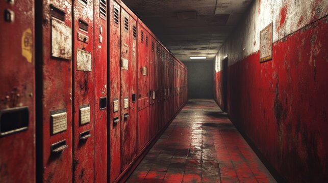 A Long, Red, and Rusty Hallway of Lockers