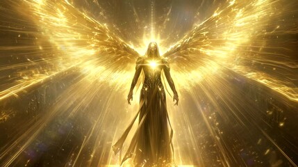 Angelic figure with glowing wings of gold, forming ethereal shields of pure energy. Looping 4k video animation background