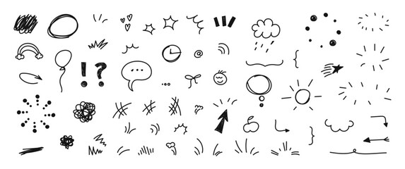 Line shape marker underline, arrow, heart brush element set. Hand drawn sketch marker underline shape, arrow, heart scribble brush pen stroke element. graphic icons. Childish naive vector illustration