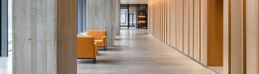 Fototapeta premium Modern interior design, long hallway with yellow chair and wooden wall minimalist home decor inspiration