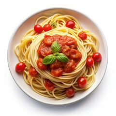 Plate with pasta tomato sauce and basil close-up isolated on a white background.