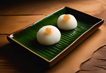 White mochi on a green plate