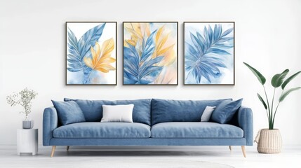 Tropical leaf paintings on a blue couch vibrant wall art for modern living room decor