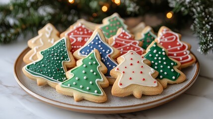 A collection of Christmas tree-shaped cookies, beautifully decorated with colorful icing, sits on a plate, capturing the festive holiday spirit and warmth.