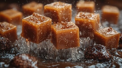 Caramel Cubes Falling into Water with Splashing and Bubbles
