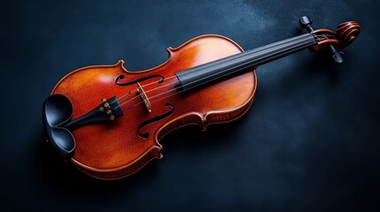 Fototapeta premium A beautifully crafted classic violin rests on a dark textured surface, showcasing its rich wooden finish and fine craftsmanship, evoking elegance and timeless music.