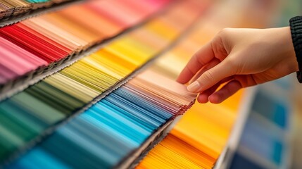 Obraz premium A hand reaches toward a vibrant array of color swatches, each displaying a range of hues, symbolizing choice, creativity, and a spectrum of possibilities.