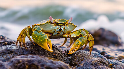 Fototapeta premium A photo of a green crab on a rocky beach, positioned next to the ocean.
