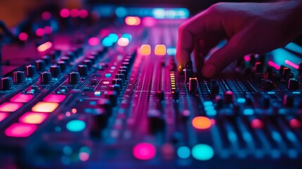 An audio technician's hand working on a mixing board, set against a vibrant backdrop of colored lights, symbolizing creativity in music production artistry.