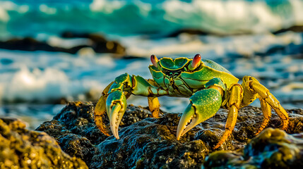 A photo of a green crab on a rocky beach, positioned next to the ocean.