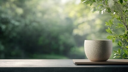 Serene Pot on Garden Table with Nature Background