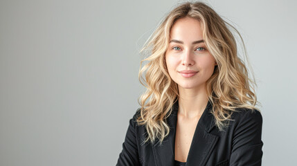Confident Professional Businesswoman in Studio Close-up Portrait with Elegant Expression on Grey Background