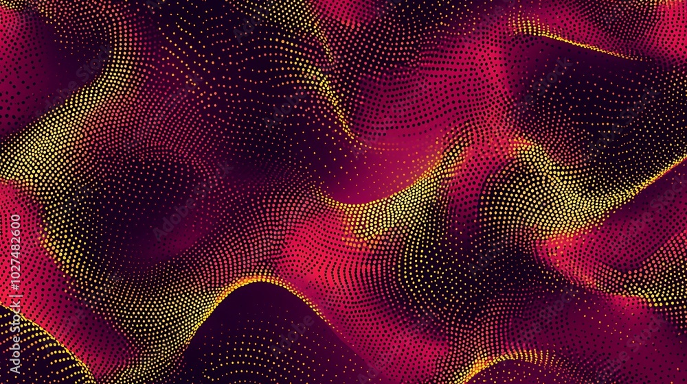 Poster abstract digital background with swirling lines of glowing yellow and red dots on a dark purple back