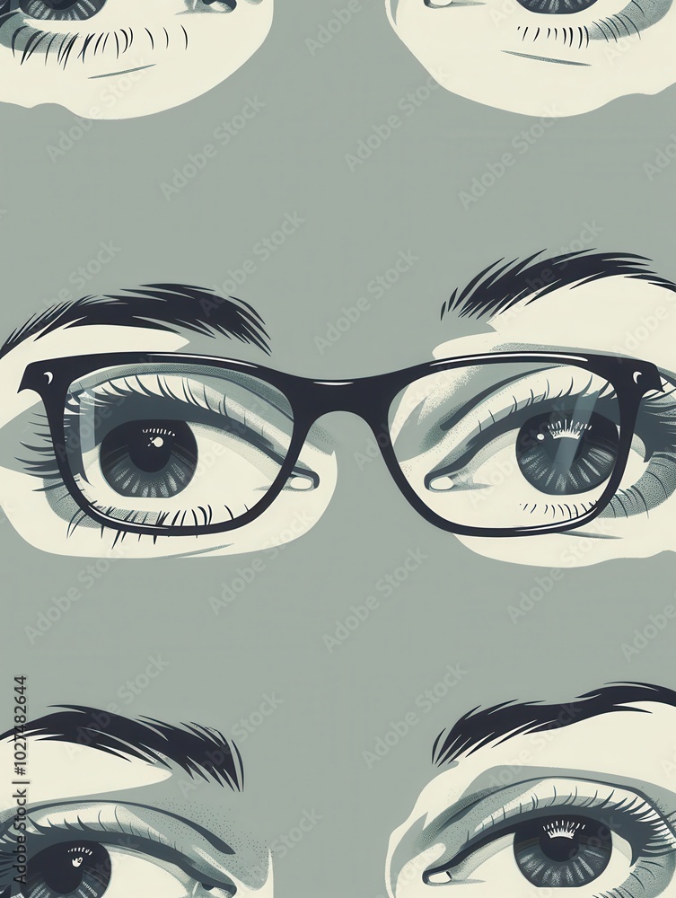 Poster A pair of chic eyeglasses is elegantly positioned in front of an imaginative pattern of illustrated eyes, creating a striking visual effect. Generative AI