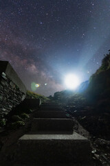 灯台と天の川銀河のある星空の風景（日本国愛媛県伊方町にある佐田岬灯台）