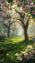 Naklejka premium A beautiful painting of a forest with pink flowers and trees