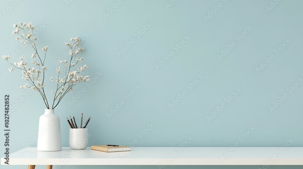 Poster modern workspace with simple decor and soft colors