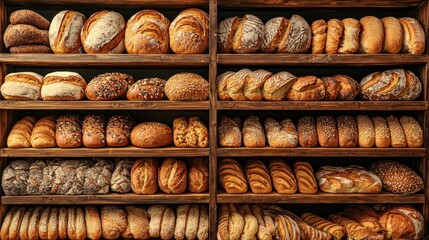 a bakery shelf filled with different types of bread, symbolizing abundance and variety