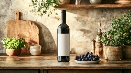 A classic wine bottle set beside fresh grapes on a wooden kitchen counter, framed by rustic kitchen elements offering a warm and inviting culinary atmosphere.