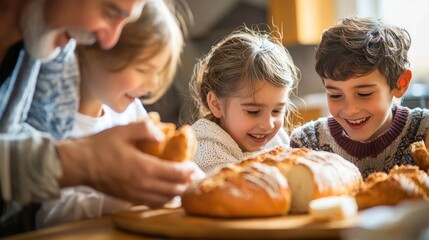 a family breaking bread together, symbolizing community and shared meals