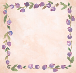 Hand painted watercolor illustration of twigs with purple berries in a frame design. Painted illustration of a frame of twigs with leaves and berries. Ideal for Christmas and other holiday decorations
