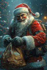 Santa Claus preparing gifts in snow-covered wi