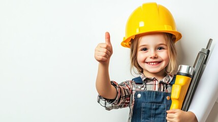 Cute Child with Construction Gear Giving Thumbs Up