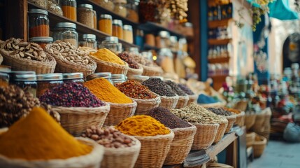 Fototapeta premium Woven baskets filled with a vibrant assortment of colorful spices on display at a bustling marketplace, capturing the essence of diverse culinary traditions and flavors.