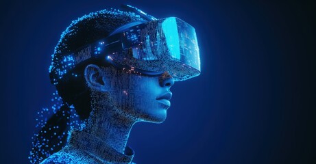 A woman engages with immersive virtual reality technology in a digital environment