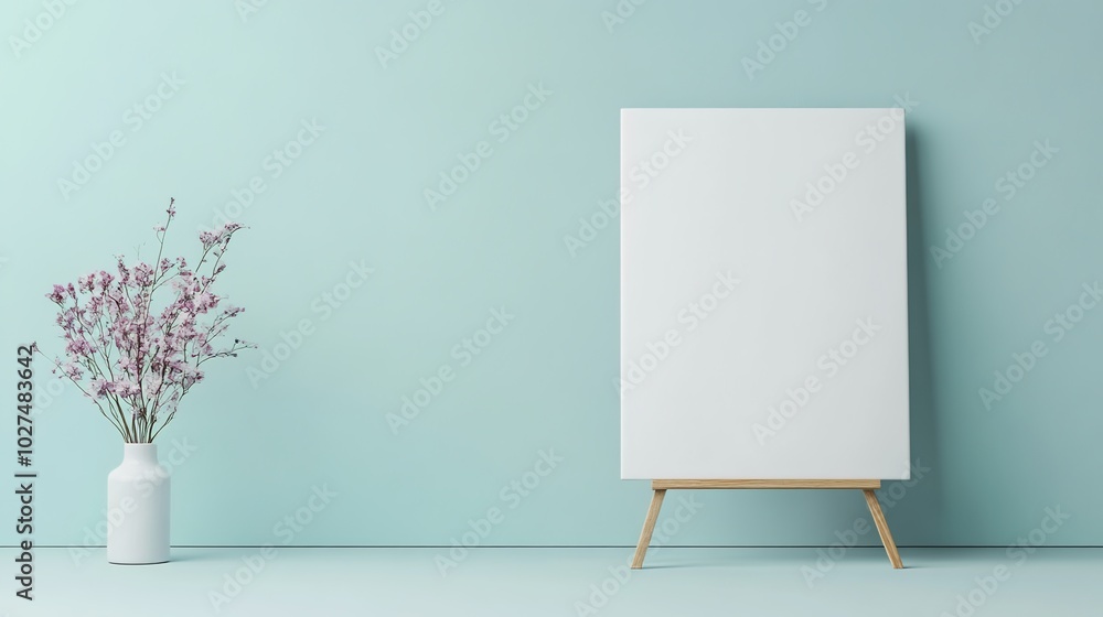 Poster minimalist workspace with empty canvas and flower vase